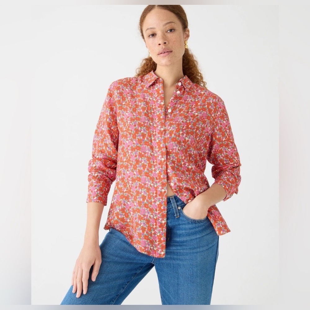 J.Crew Classic Drapey Cupro Shirt Women 2 Pink‎ Floral Excellent Button Down